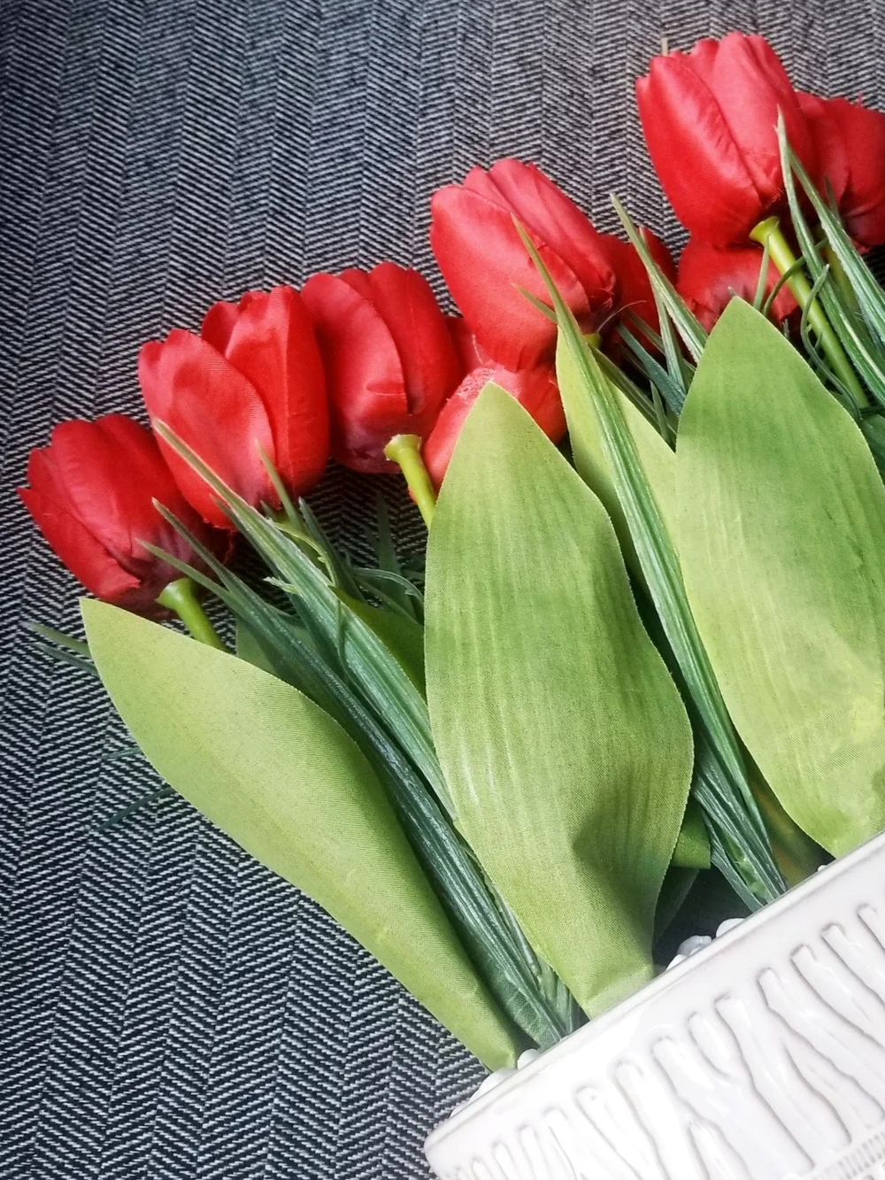Red Tulips Artificial Arrangement in White Glazed Ceramic Planter